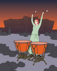 Illustration einer Frau, die vor der Berliner Philharmonie im Sonnenuntergang an zwei großen Pauken steht. Sie hält die Schlägel mit erhobenen Armen in die Luft, um zum Schlag anzusetzen. Um sie herum sind Büsche und Bäume zu sehen.