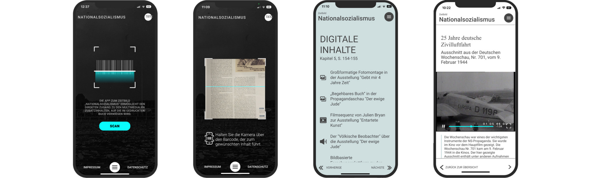 verschiedene Ansichten der bpb-App "Zeitbild Nationalsozialismus" auf Smartphone-Bildschirm