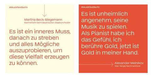 Grafikserie des Musikfest Berlin 2023 mit Musiker:innen-Zitaten. Gestaltung mit großflächiger Typografie in Rot auf hellem oder farbigem Hintergrund, ergänzt um Namen und Hashtag #MusikfestBerlin.