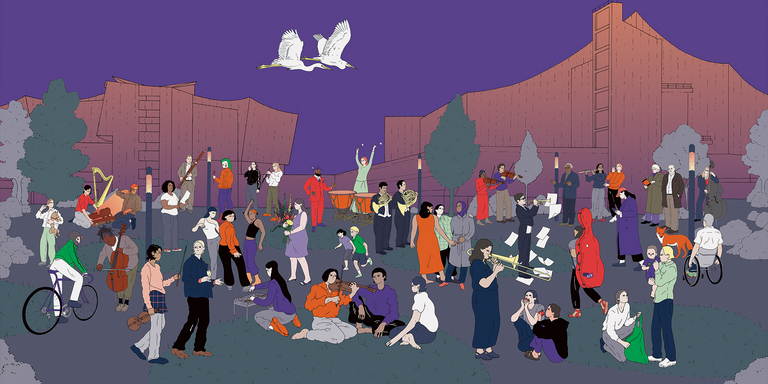 Illustration einer großen, vielfältigen Gruppe von Menschen vor der Berliner Philharmonie bei Abendstimmung. Zu sehen sind Musikerinnen und Musiker mit unterschiedlichen Instrumenten, tanzende und sitzende Personen, Kinder, ein Hund, Radfahrer und Alltagsbegegnungen. Über der Szene fliegen zwei weiße Vögel.