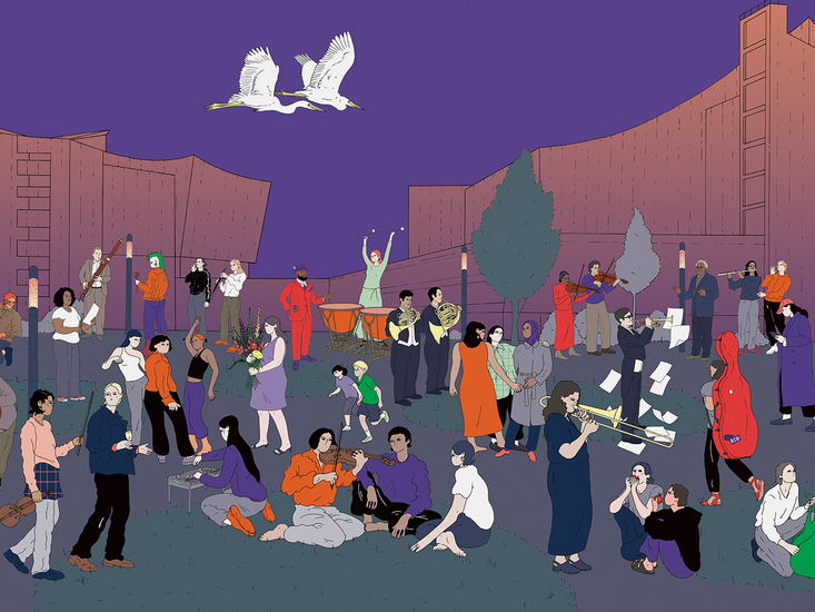Illustration einer großen, vielfältigen Gruppe von Menschen vor der Berliner Philharmonie bei Abendstimmung. Zu sehen sind Musikerinnen und Musiker mit unterschiedlichen Instrumenten, tanzende und sitzende Personen, Kinder, ein Hund, Radfahrer und Alltagsbegegnungen. Über der Szene fliegen zwei weiße Vögel.