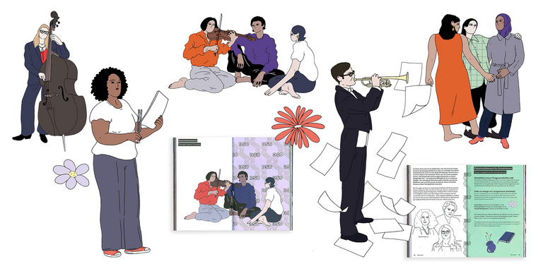 Collage aus Illustrationen der Saisonkampagne 2025/2026 des Deutschen Symphonie-Orchesters Berlin. Zu sehen sind Musikerinnen und Musiker mit verschiedenen Instrumenten wie Kontrabass, Trompete und Violine, sowie Personen in Gesprächs- oder Zuhörsituationen. Ergänzt wird die Collage durch stilisierte Blumen und zwei aufgeschlagene Programmheftseiten, die das handgezeichnete DSO-Muster und grafische Elemente der aktuellen Gestaltung zeigen.