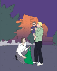 Illustration einer abendlichen Szene vor der Berliner Philharmonie: Eine stehende Person hält ein Kleinkind im Arm, während eine weitere Person davor kniet und eine große grüne Tasche in der Hand hält. Im Hintergrund sind Bäume und die beleuchtete Architektur des Gebäudes zu sehen.
