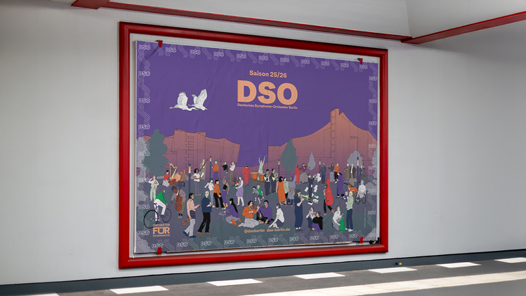Plakat zur Saison 2025/26 des Deutschen Symphonie-Orchesters Berlin mit Illustrationen zahlreicher Menschen vor der Philharmonie, gestaltet auf violettem Hintergrund mit dem Logo DSO im Zentrum.
