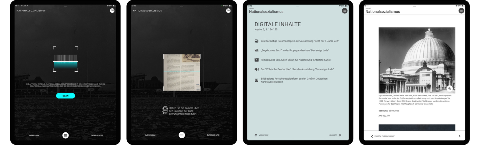 verschiedene Ansichten der bpb-App "Zeitbild Nationalsozialismus" auf Tablet-Bildschirm