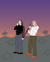 Illustration zweier Personen im Freien bei Sonnenuntergang: Eine Person spielt Klarinette, die andere steht daneben und hält eine Hand seitlich an den Mund, als würde sie rufen oder singen. Im Hintergrund sanfte Hügel und vereinzelte Bäume.