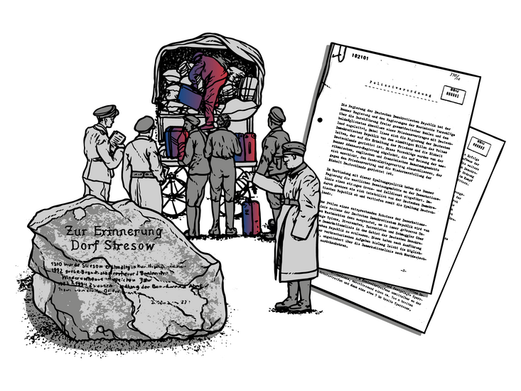 Graphic Novel: Bildcollage mit Gedenkstein, Männern, die unter Polizei-Beobachtung Koffer verladen und Blättern mit der Überschrift "Polizeiverordnung"