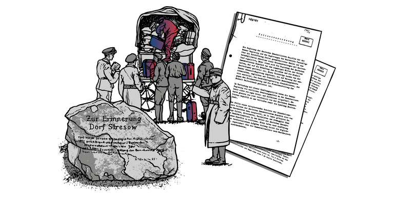 Polizeiverordnung_Umsiedlung Graphic Novel: Bildcollage mit Gedenkstein, Männern, die unter Polizei-Beobachtung Koffer verladen und Blättern mit der Überschrift "Polizeiverordnung"