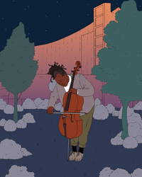 Illustration eines Cellisten, der zwischen Bäumen vor der Berliner Philharmonie unter einem Sternenhimmel spielt. Die Szene zeigt Abel Selaocoe in entspannter Haltung, vertieft in sein Spiel.