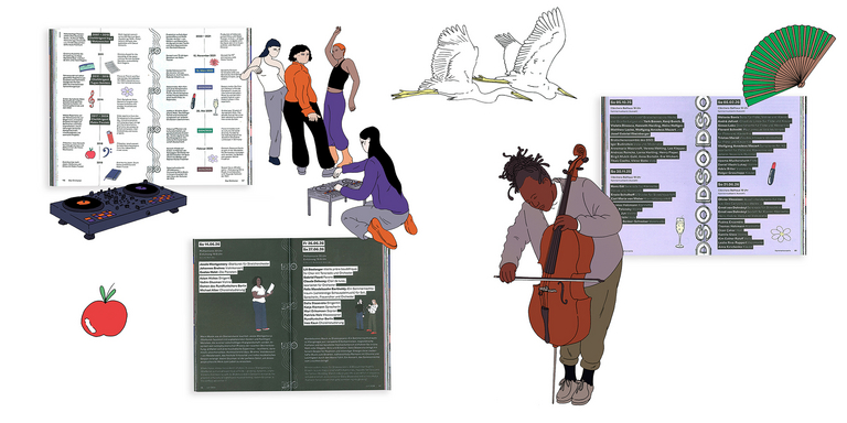 Collage mit Illustrationen und Gestaltungselementen der Saisonkampagne 2025/2026 des Deutschen Symphonie-Orchesters Berlin. Zu sehen sind: eine DJ-Szene mit tanzenden Personen, der Cellist Abel Selaocoe, zwei fliegende weiße Vögel, sowie verschiedene aufgeschlagene Seiten des Programmhefts mit dem handgezeichneten DSO-Muster und farbigen Hintergründen. Ergänzt wird die Collage durch grafische Symbole wie einen roten Apfel, einen Fächer und Champagnerglas.