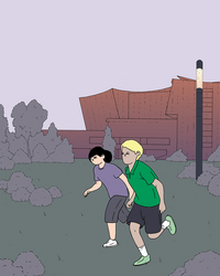 Illustration zweier Kinder, die Hand in Hand über eine Wiese rennen. Im Hintergrund sind Büsche, Bäume, eine Straßenlaterne und die Berliner Philharmonie mit ihrer markanten, geschwungenen Dachform zu sehen.