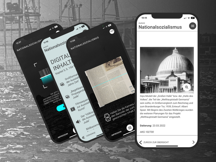 verschiedene Ansichten der bpb-App "Zeitbild Nationalsozialismus" auf Smartphone-Bildschirm