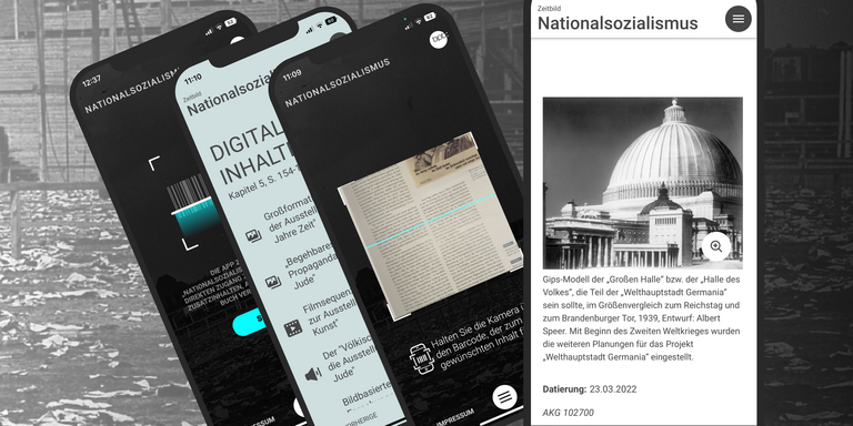 verschiedene Ansichten der bpb-App "Zeitbild Nationalsozialismus" auf Smartphone-Bildschirm