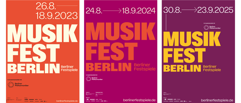 Plakatmotive zum Musikfest Berlin 2023, 2024 und 2025 mit großflächiger Typografie und wechselnden Farbkontrasten.