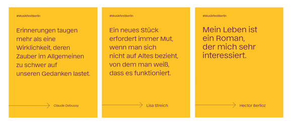 Social-Media-Serie des Musikfest Berlin 2025 mit Zitaten von Charles Ives. Typografie in Weiß auf magentafarbenem Hintergrund, ergänzt um ein historisches Porträtfoto des Komponisten.